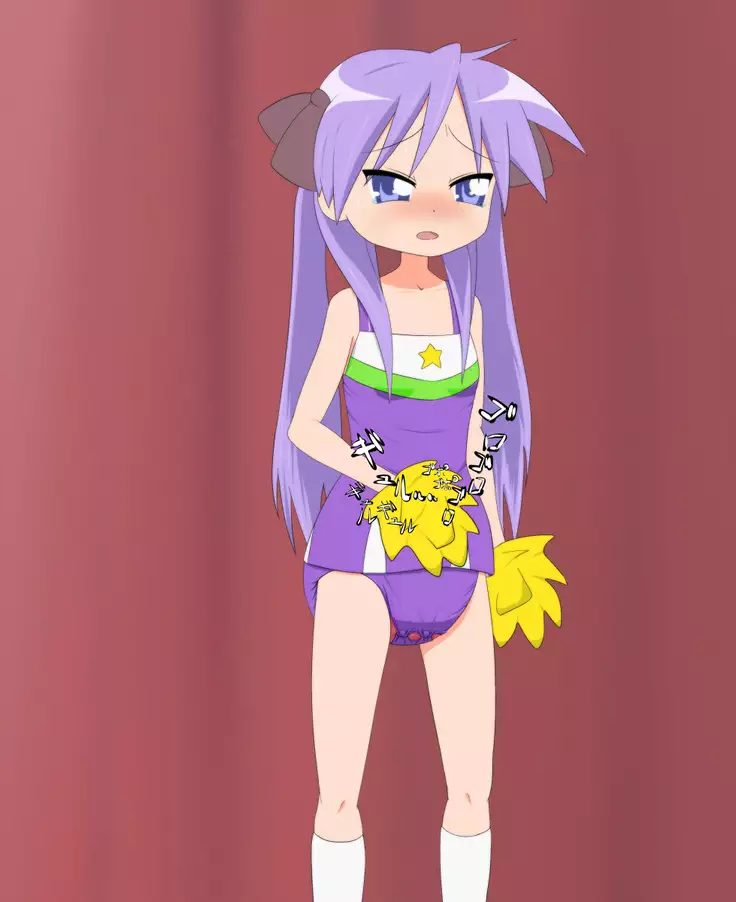 Kagami cosplaying cheerleader and wearing diaper