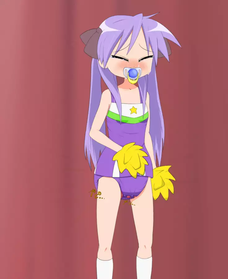 Kagami cosplaying cheerleader and wearing diaper