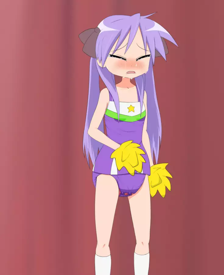 Kagami cosplaying cheerleader and wearing diaper
