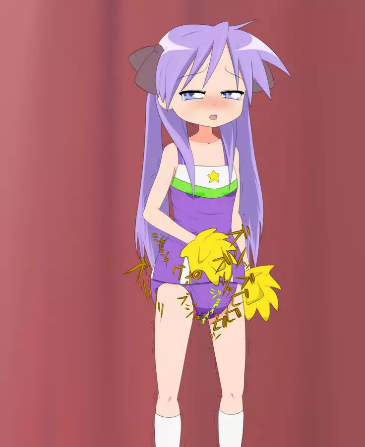 Kagami cosplaying cheerleader and wearing diaper