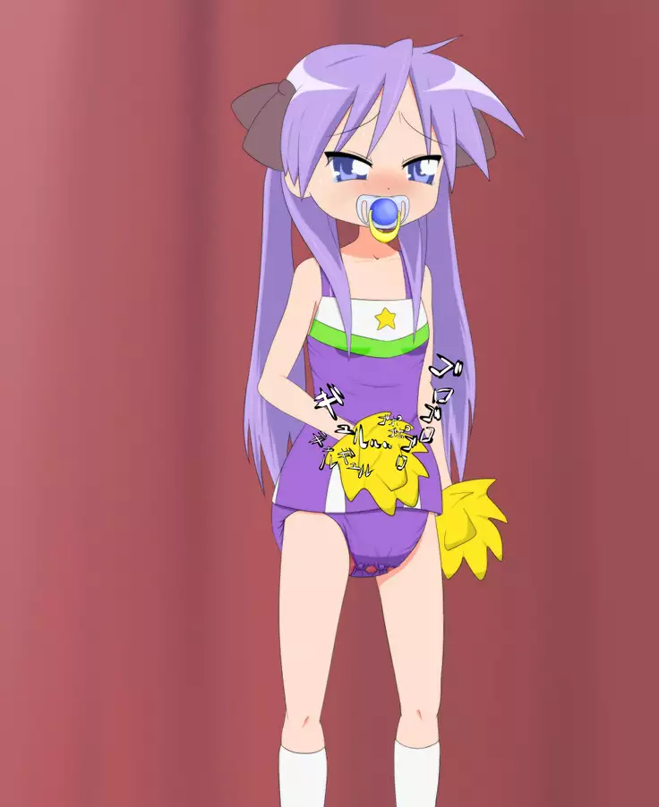 Kagami cosplaying cheerleader and wearing diaper