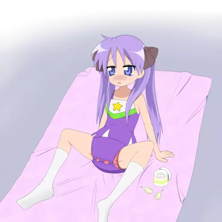 Kagami cosplaying cheerleader and wearing diaper